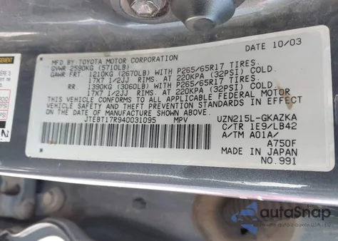 2004 Toyota 4Runner Limited V8 from USA, damaged, VIN JTEBT17R940031095